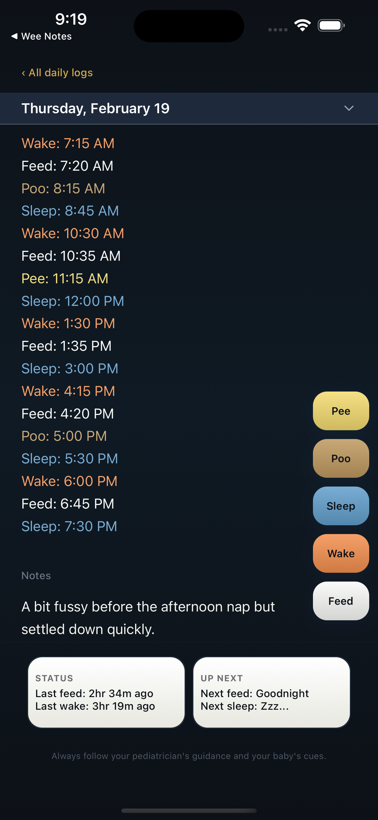 Daily log editor with one-tap actions